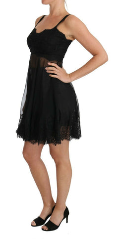 Black silk lace dress chemise lingerie by Dolce & Gabbana with delicate lace details and smooth satin fabric.