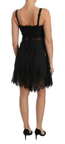 Black silk lace dress chemise lingerie with delicate detailing, designed by Dolce & Gabbana, displayed on a plain background.