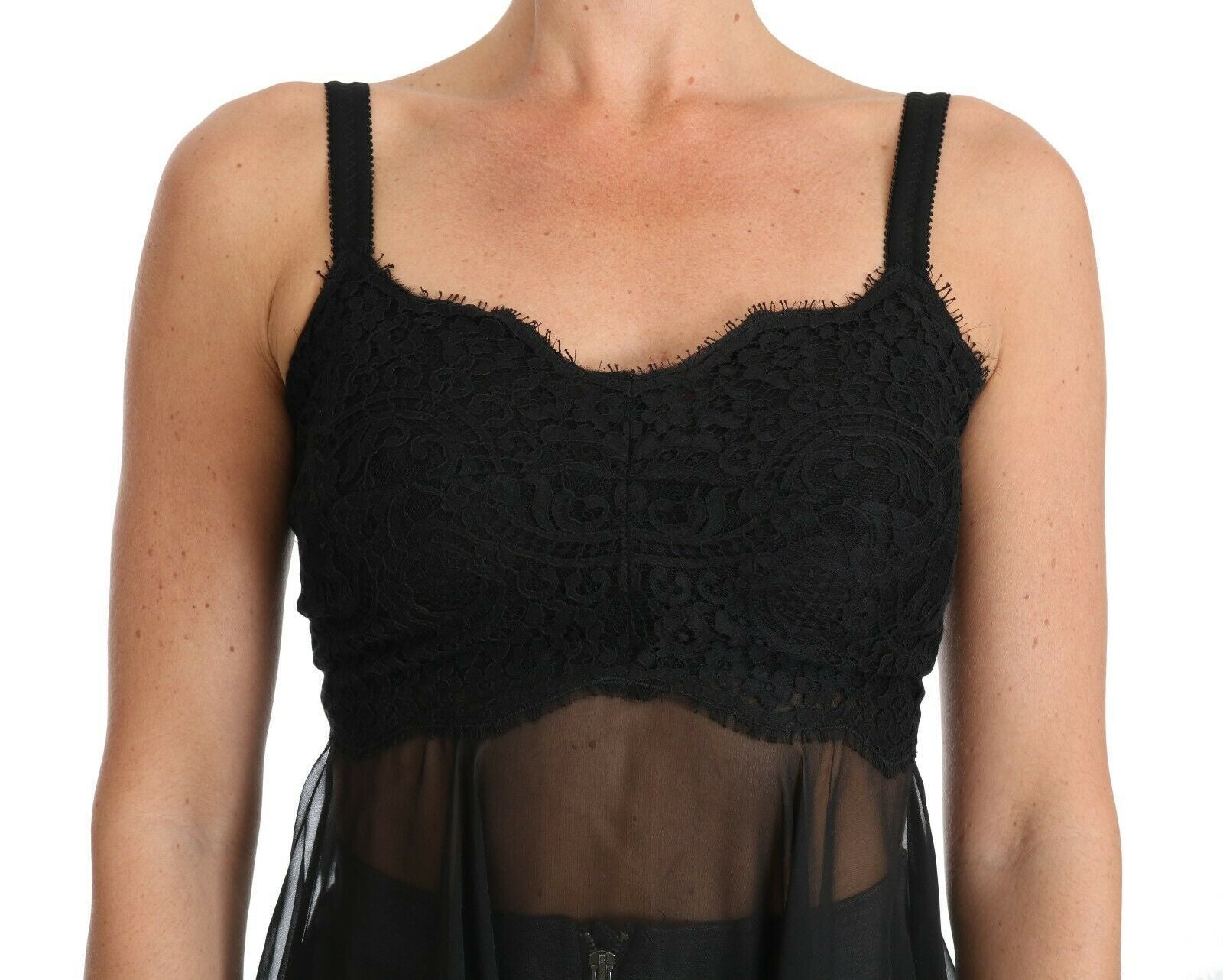 Black silk lace dress chemise lingerie by Dolce & Gabbana, featuring elegant lace details and a sleek, form-fitting design.