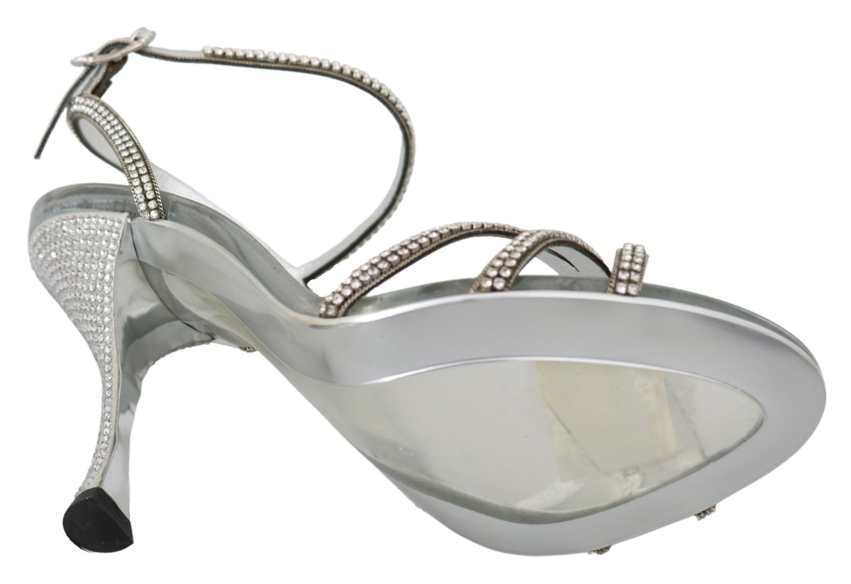Silver crystal ankle strap sandals by Dolce & Gabbana with elegant open-toe design and high heels.