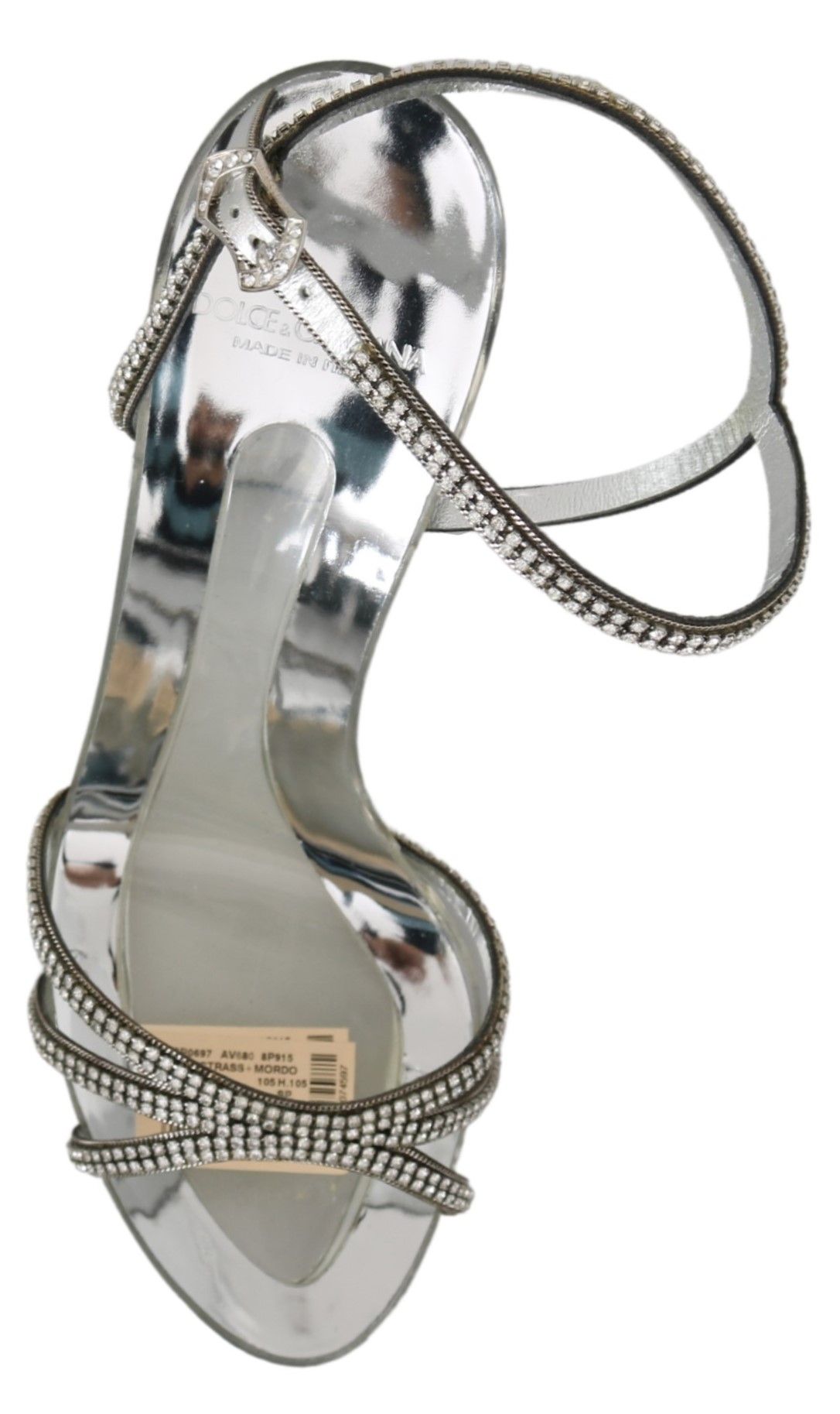 Silver crystal ankle strap Dolce & Gabbana sandals with open toe and high heel, showcasing elegant evening footwear.