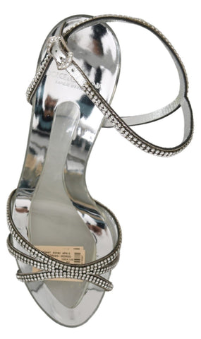 Silver crystal ankle strap Dolce & Gabbana sandals with open toe and high heel, showcasing elegant evening footwear.