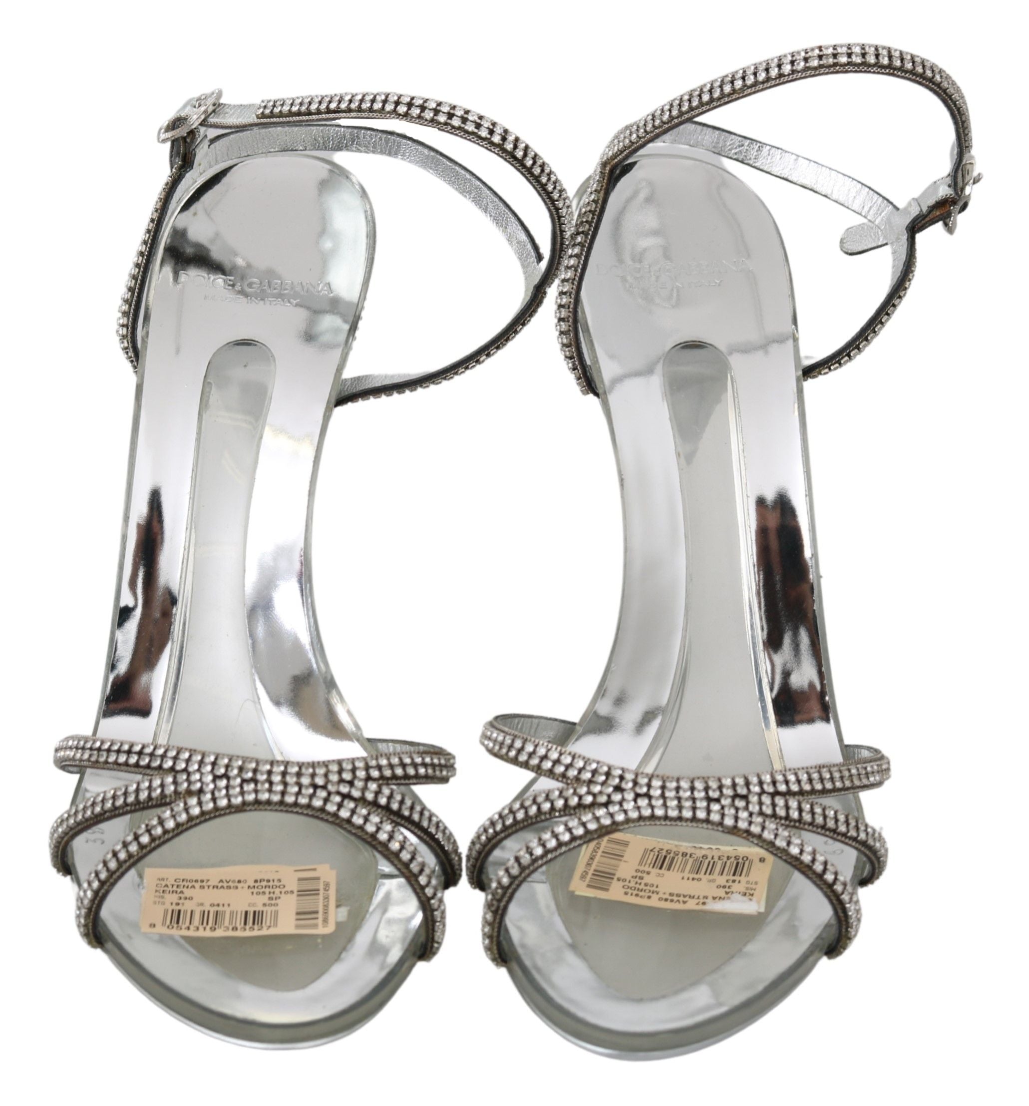 Silver crystal ankle strap sandals by Dolce & Gabbana with open toes and elegant design, featuring sparkling embellishments.