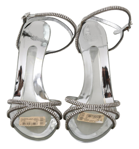 Silver crystal ankle strap sandals by Dolce & Gabbana with open toes and elegant design, featuring sparkling embellishments.