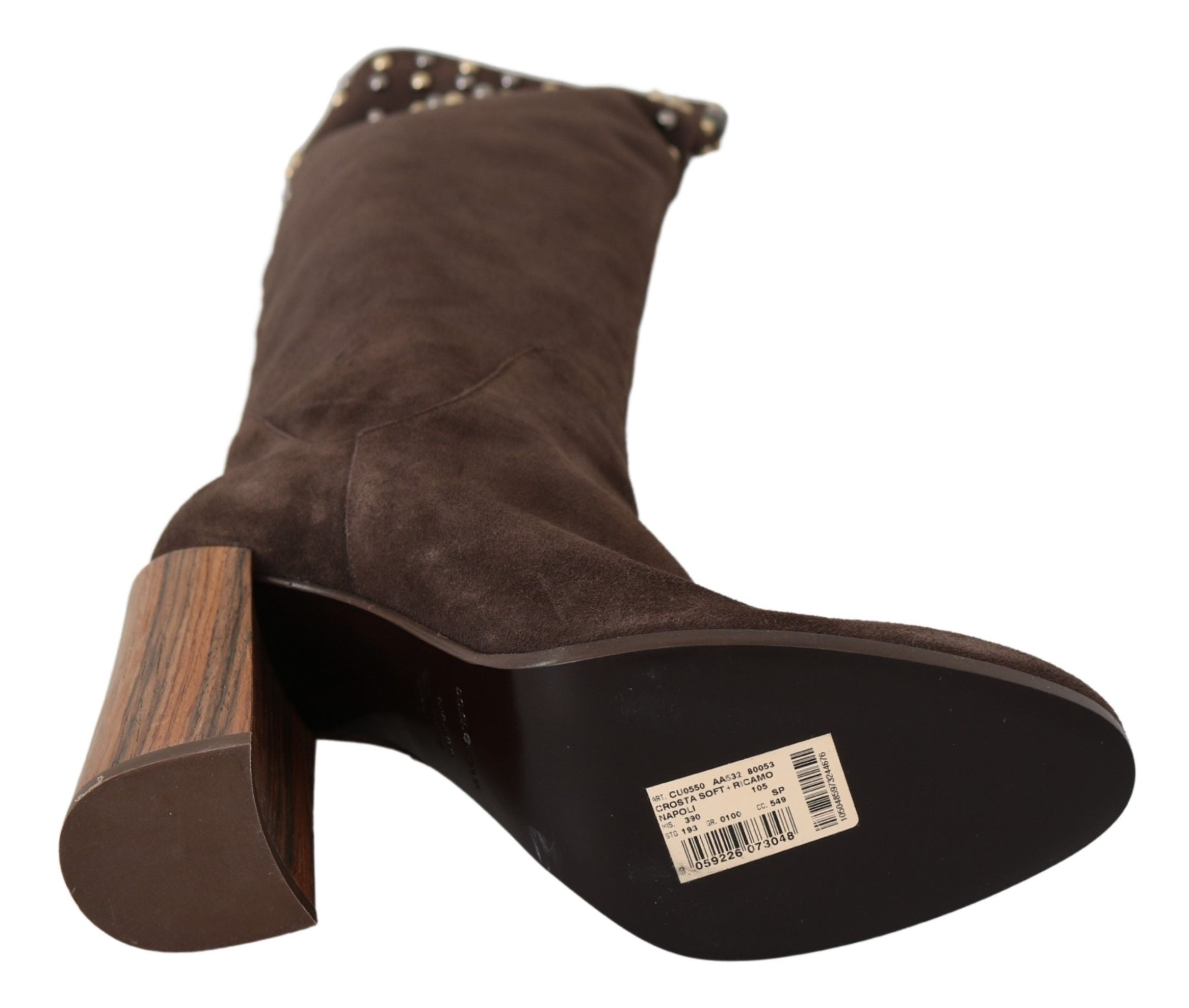 Brown suede knee-high boots with studded accents by Dolce & Gabbana, featuring a sleek and stylish design.