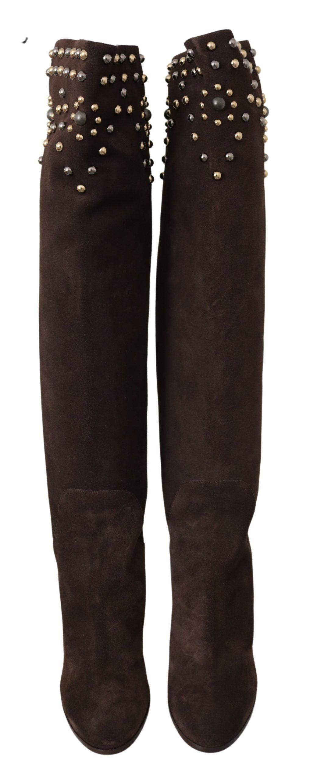 Brown suede knee-high boots with studded details by Dolce & Gabbana, featuring a sleek, stylish design and pointed toe.