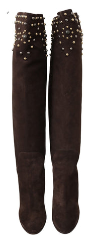 Brown suede knee-high boots with studded details by Dolce & Gabbana, featuring a sleek, stylish design and pointed toe.