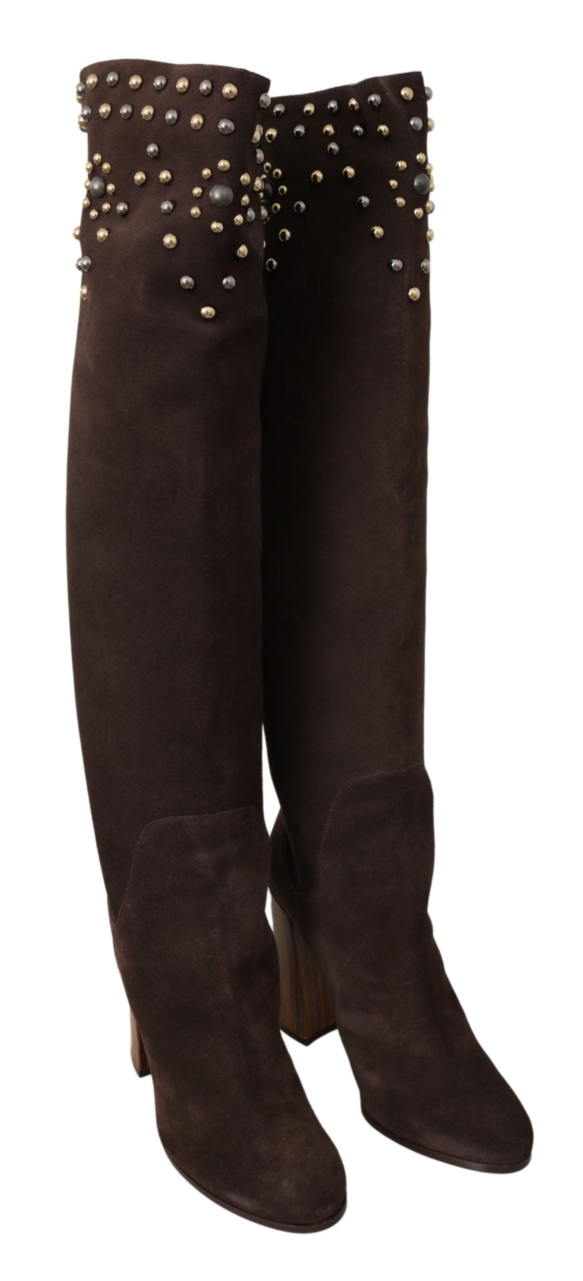 Brown suede knee-high boots with studded details by Dolce & Gabbana, showcasing a stylish and elegant footwear design.