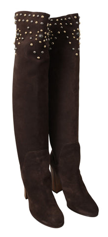 Brown suede knee-high boots with studded details by Dolce & Gabbana, showcasing a stylish and elegant footwear design.