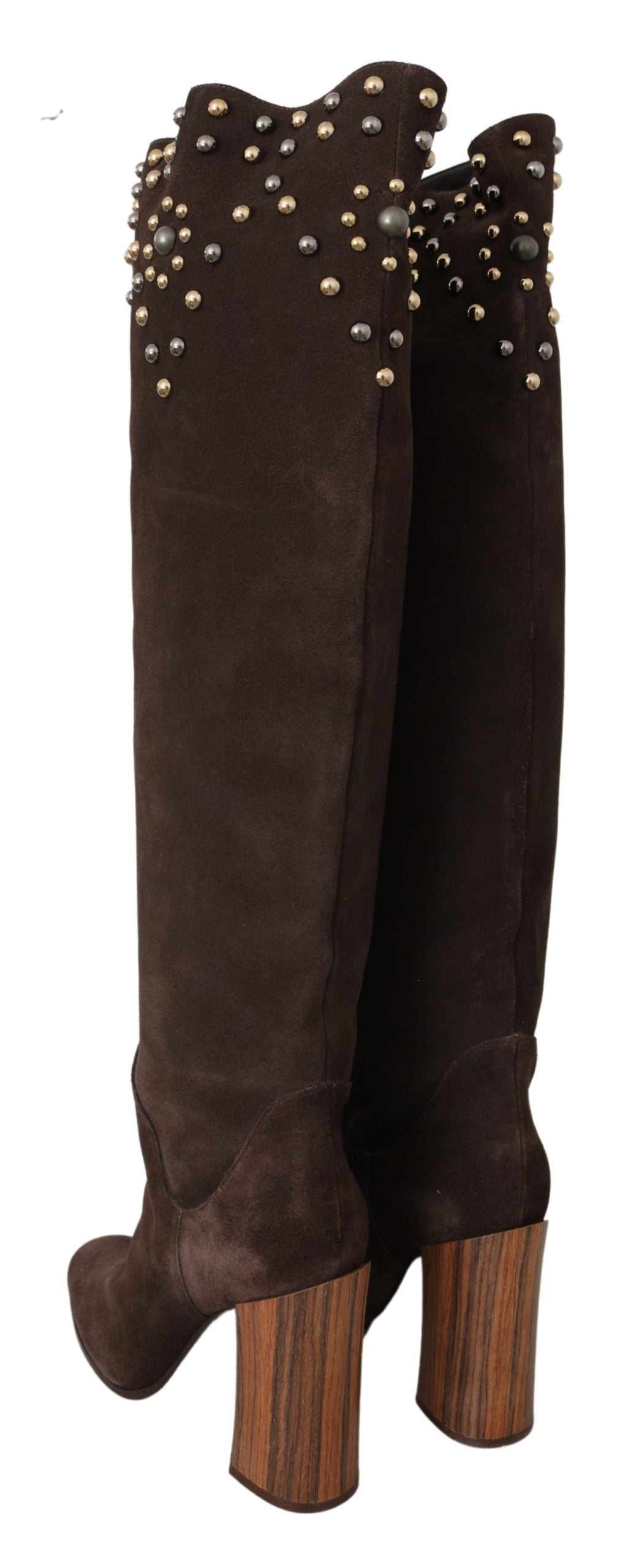 Brown suede knee-high boots with studded details by Dolce & Gabbana, featuring a sleek, stylish design and pointed toe.