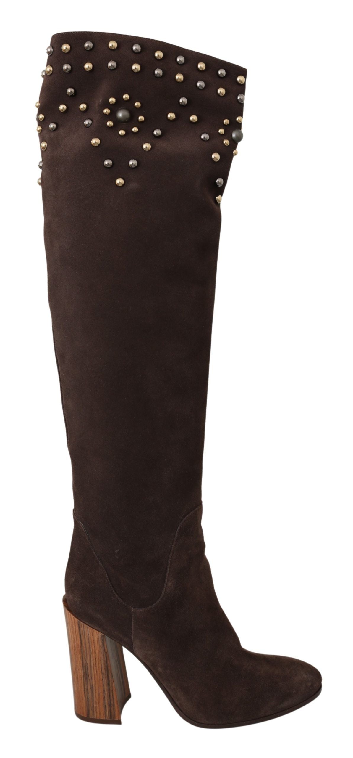 Brown suede knee-high boots with studded accents from Dolce & Gabbana, featuring a stylish and elegant design.