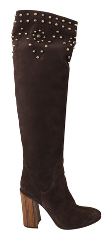 Brown suede knee-high boots with studded accents from Dolce & Gabbana, featuring a stylish and elegant design.