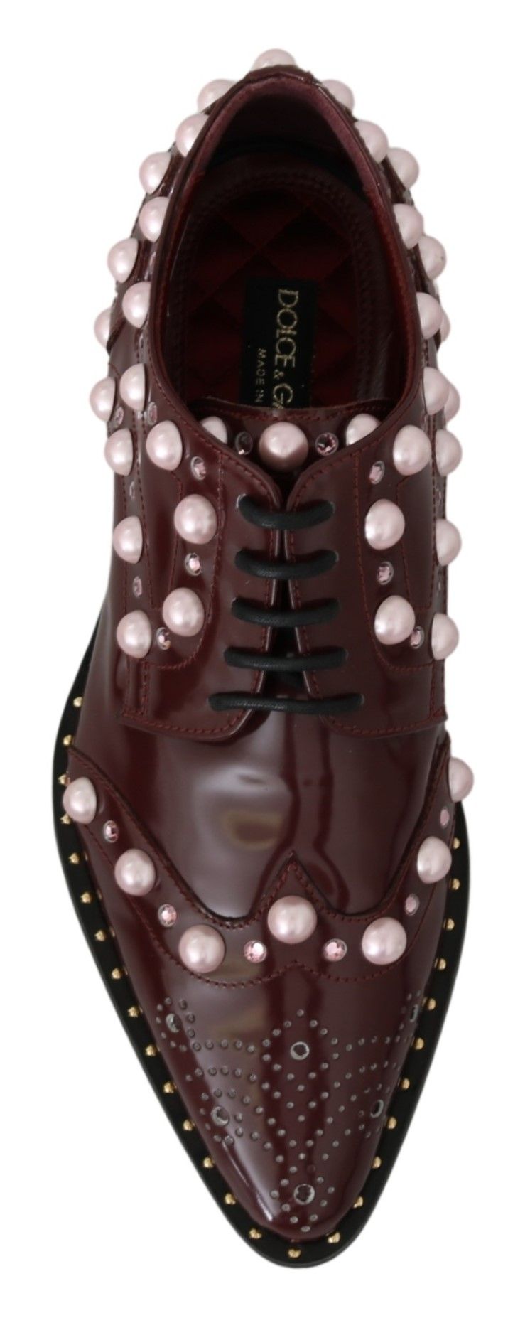 Dolce & Gabbana Bordeaux leather formal shoes with crystal pearls and elegant design, perfect for special occasions.
