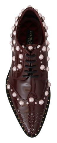 Dolce & Gabbana Bordeaux leather formal shoes with crystal pearls and elegant design, perfect for special occasions.