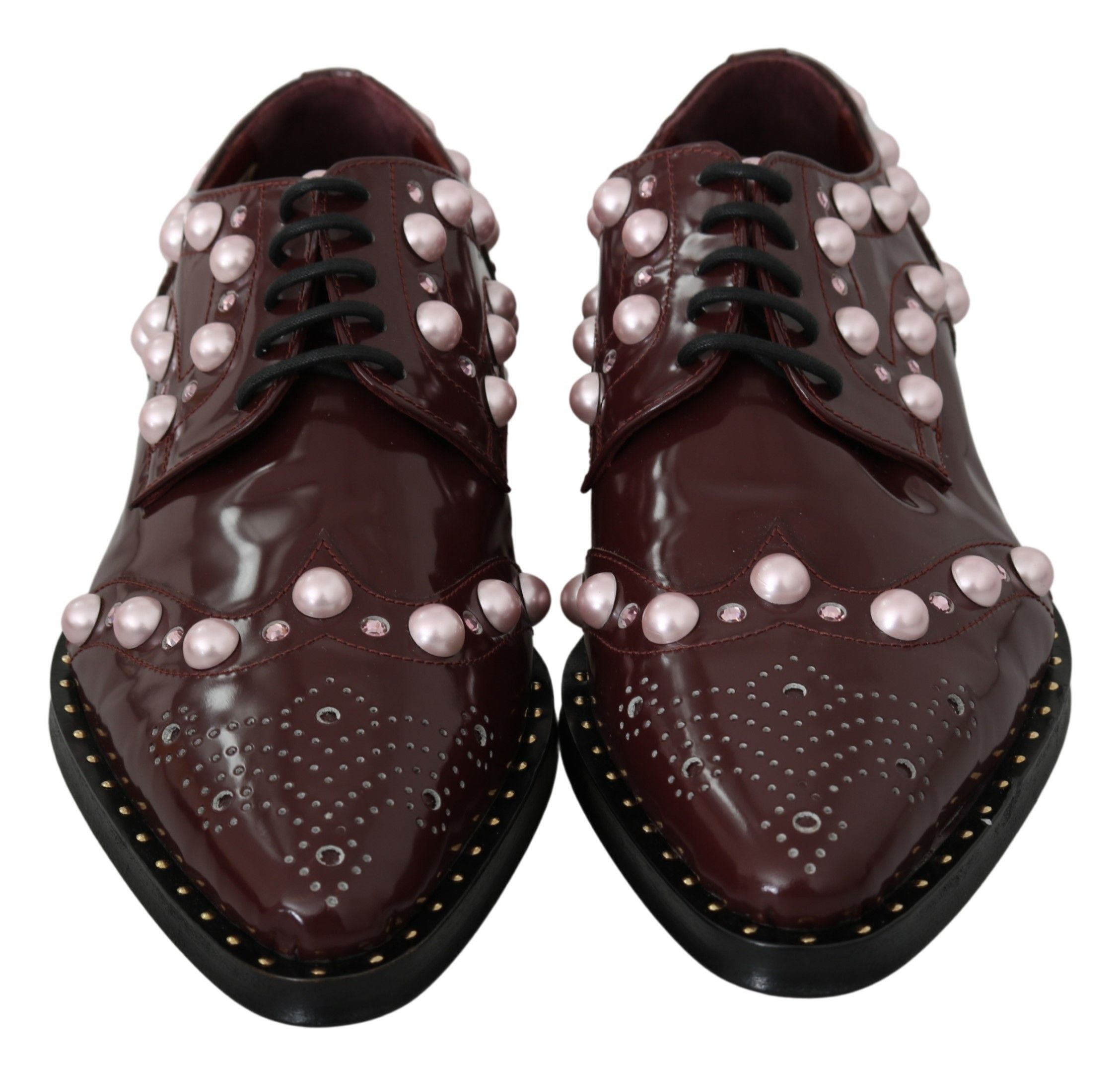 Dolce & Gabbana Bordeaux leather formal shoes with crystal accents and pearl embellishments, stylish and elegant footwear.