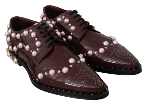 Dolce & Gabbana Bordeaux leather formal shoes with crystal pearls, elegant design, and polished finish.
