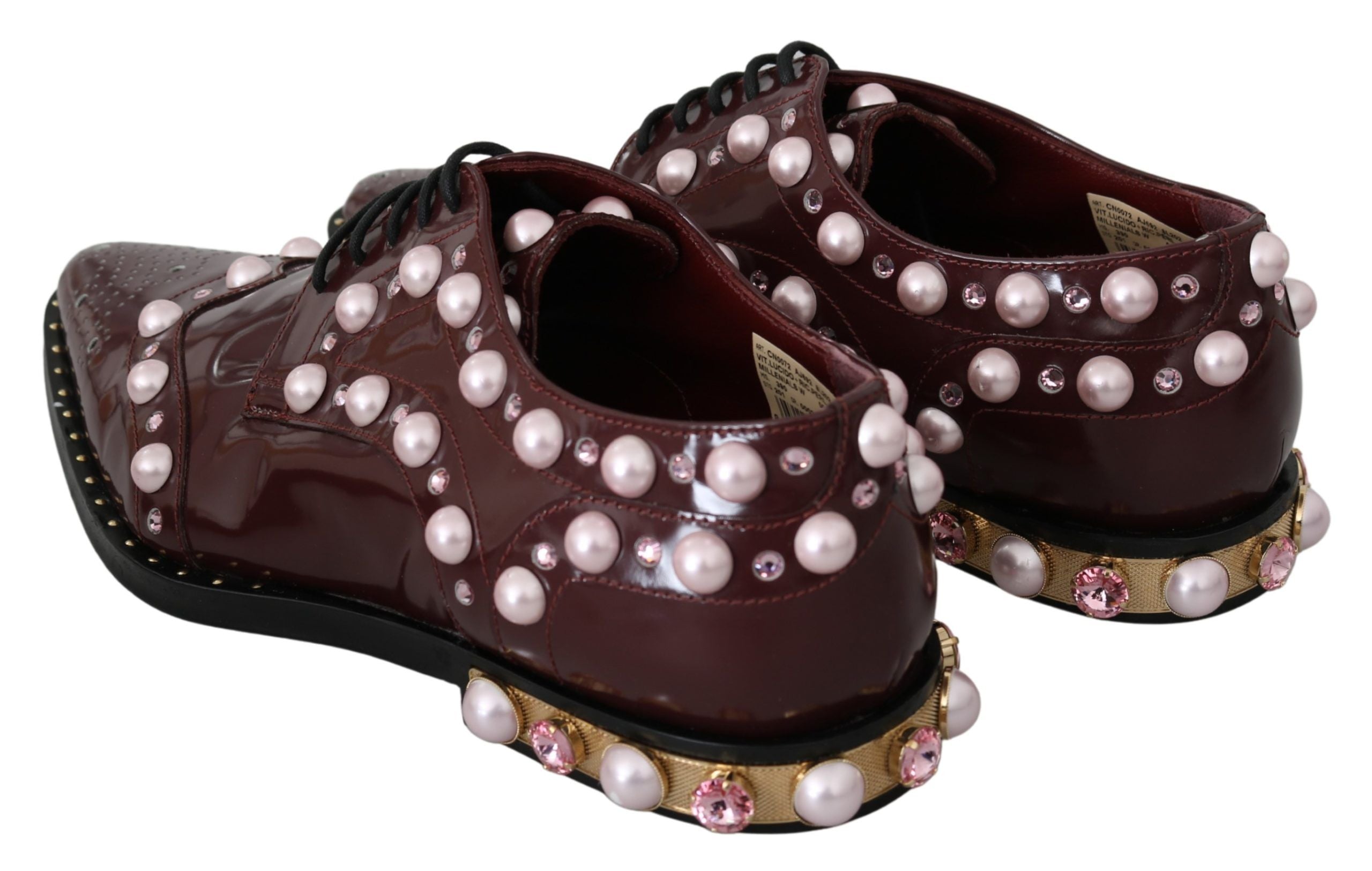 Dolce & Gabbana Bordeaux leather formal shoes with crystal embellishments and pearl accents, elegant footwear for special occasions.