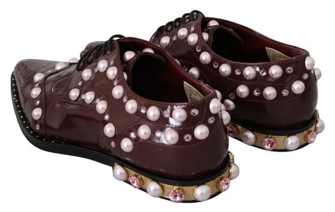 Dolce & Gabbana Bordeaux leather formal shoes with crystal embellishments and pearl accents, elegant footwear for special occasions.