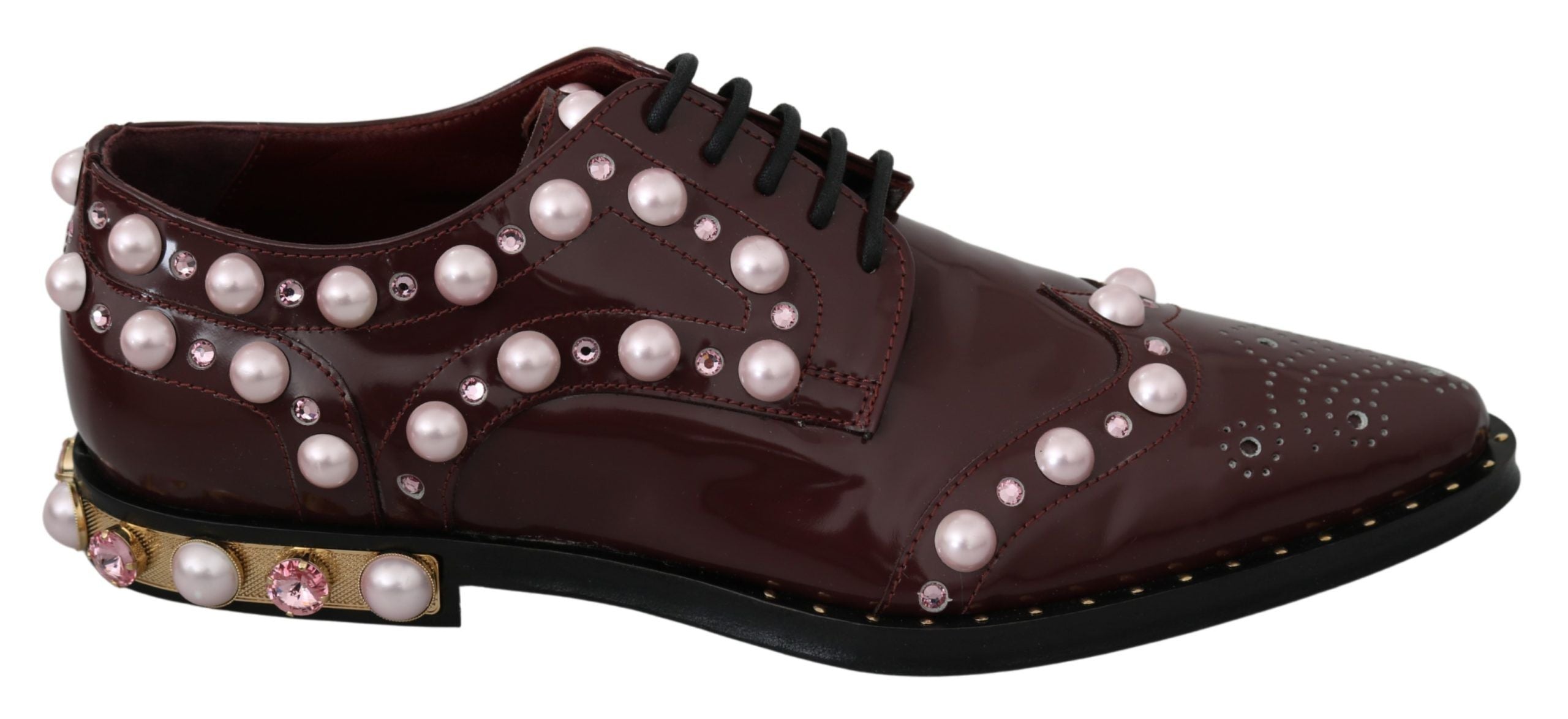 Dolce & Gabbana Bordeaux leather formal shoes with crystal embellishments and pearl accents, elegant footwear for special occasions.