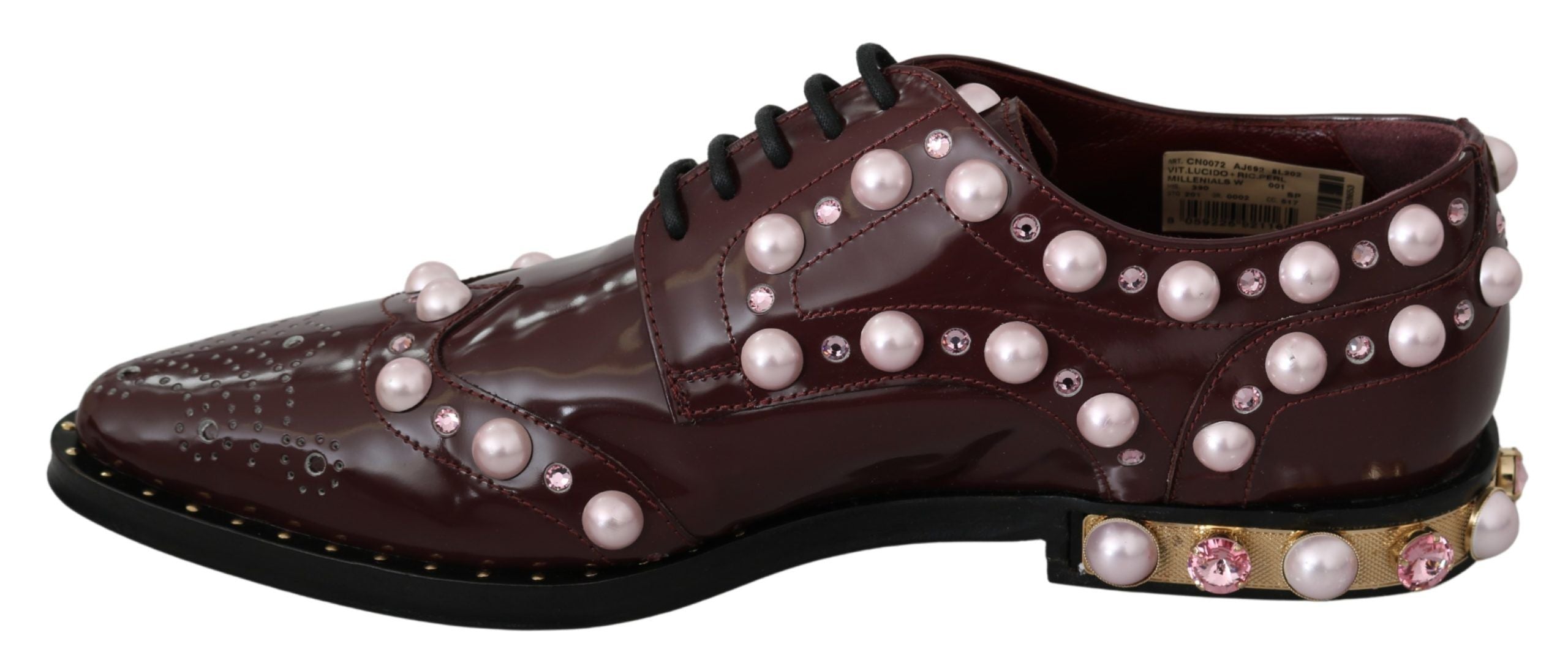 Dolce & Gabbana Bordeaux leather formal shoes with crystal embellishments and pearl accents, stylish men's dress footwear.