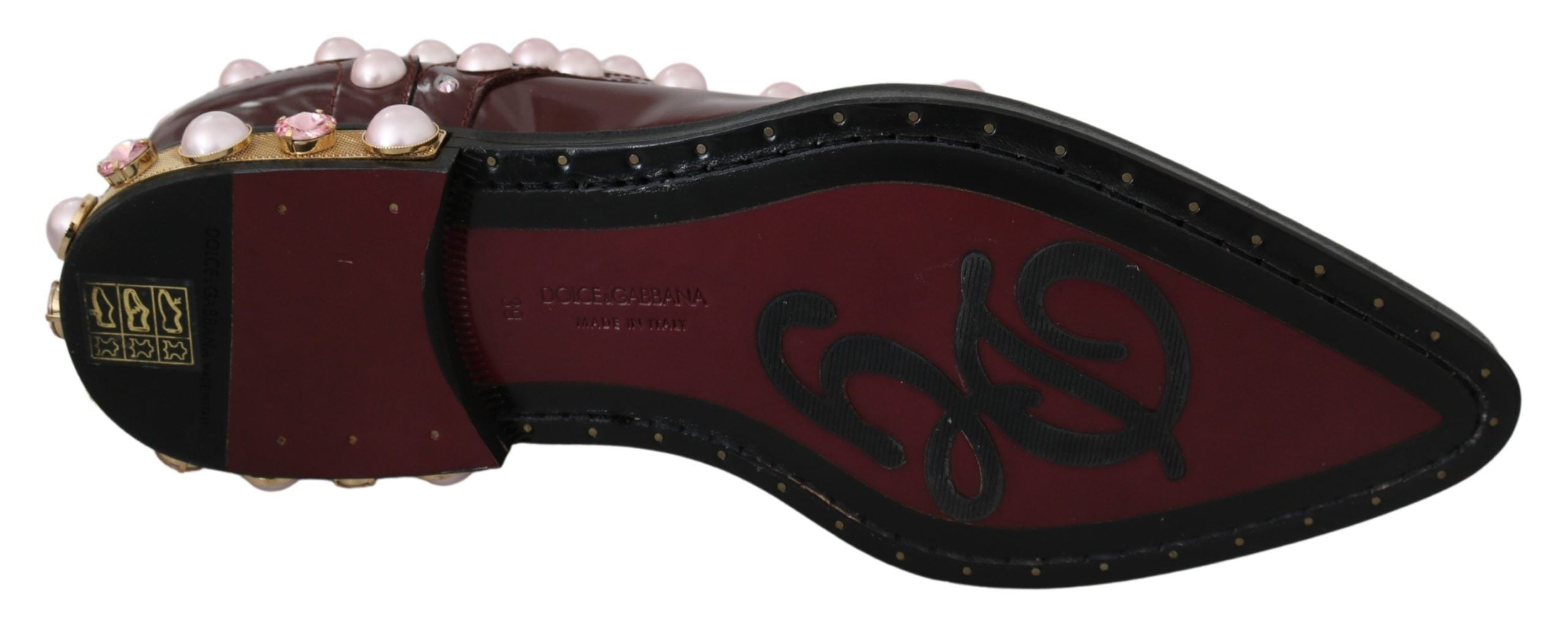 Dolce & Gabbana Bordeaux leather formal shoes with crystal pearls, elegant footwear for special occasions.