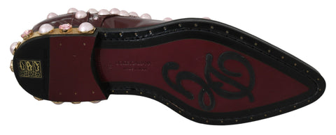 Dolce & Gabbana Bordeaux leather formal shoes with crystal pearls, elegant footwear for special occasions.
