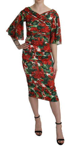 Red floral sheath midi silk stretch dress by Dolce & Gabbana, featuring a fitted silhouette and vibrant floral pattern.