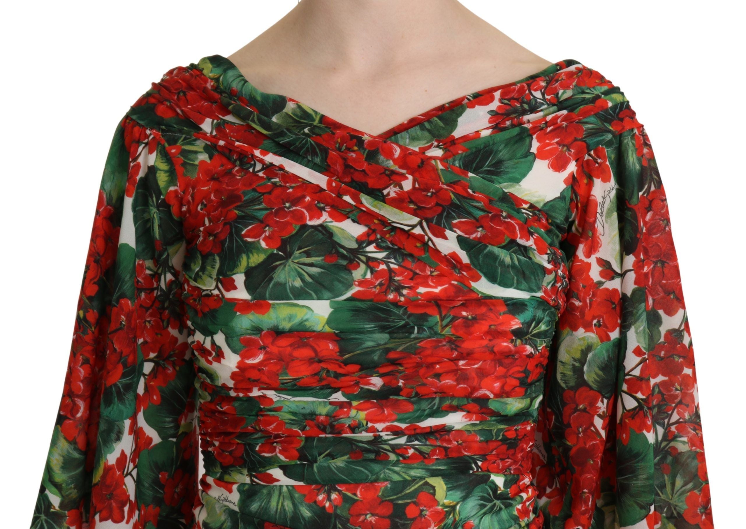 Red floral sheath midi silk dress by Dolce & Gabbana with a fitted silhouette and elegant floral pattern.