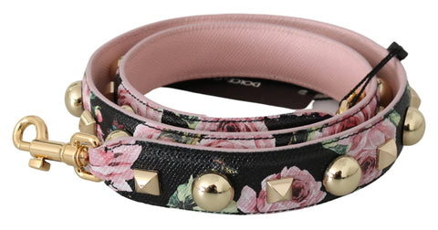 Pink floral leather studded shoulder strap by Dolce & Gabbana, featuring floral pattern, leather material, and metal stud details.