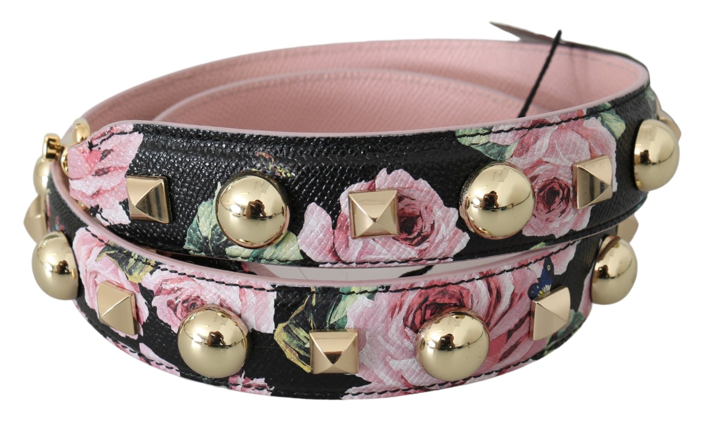 Pink floral leather shoulder strap with stud accents by Dolce & Gabbana, featuring a stylish, floral design and adjustable strap.