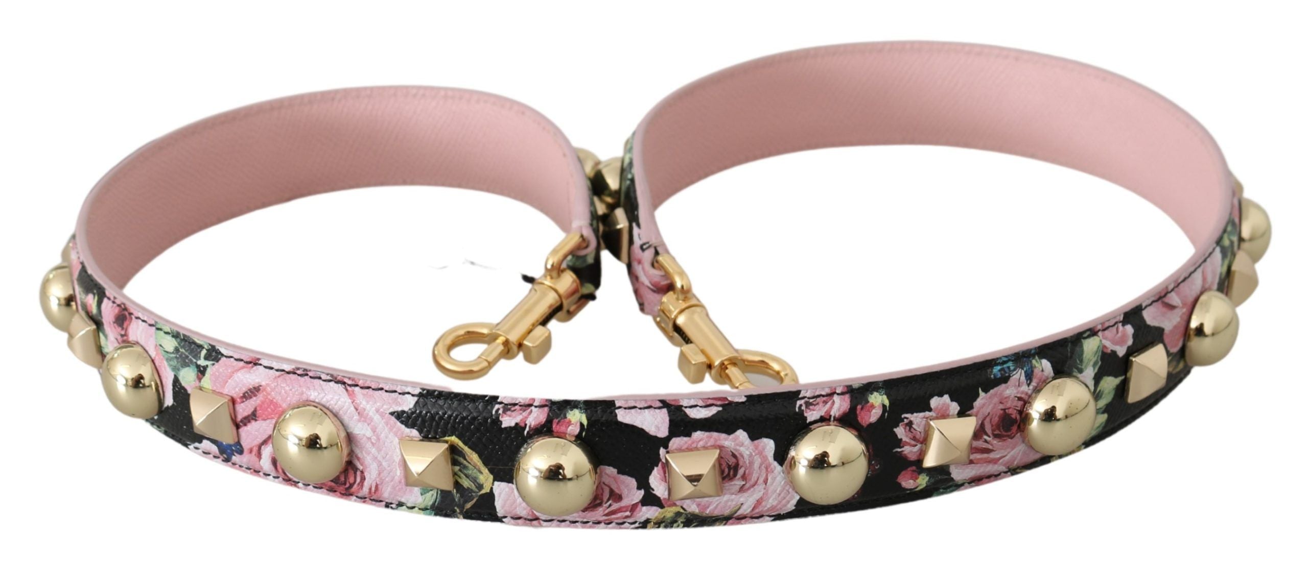 Pink floral leather shoulder strap with stud accents by Dolce & Gabbana, featuring a stylish floral design and adjustable length.