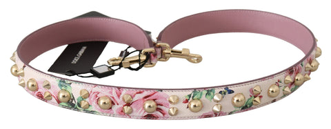 Pink floral leather shoulder strap with stud accents, designed for accessories by Dolce & Gabbana.