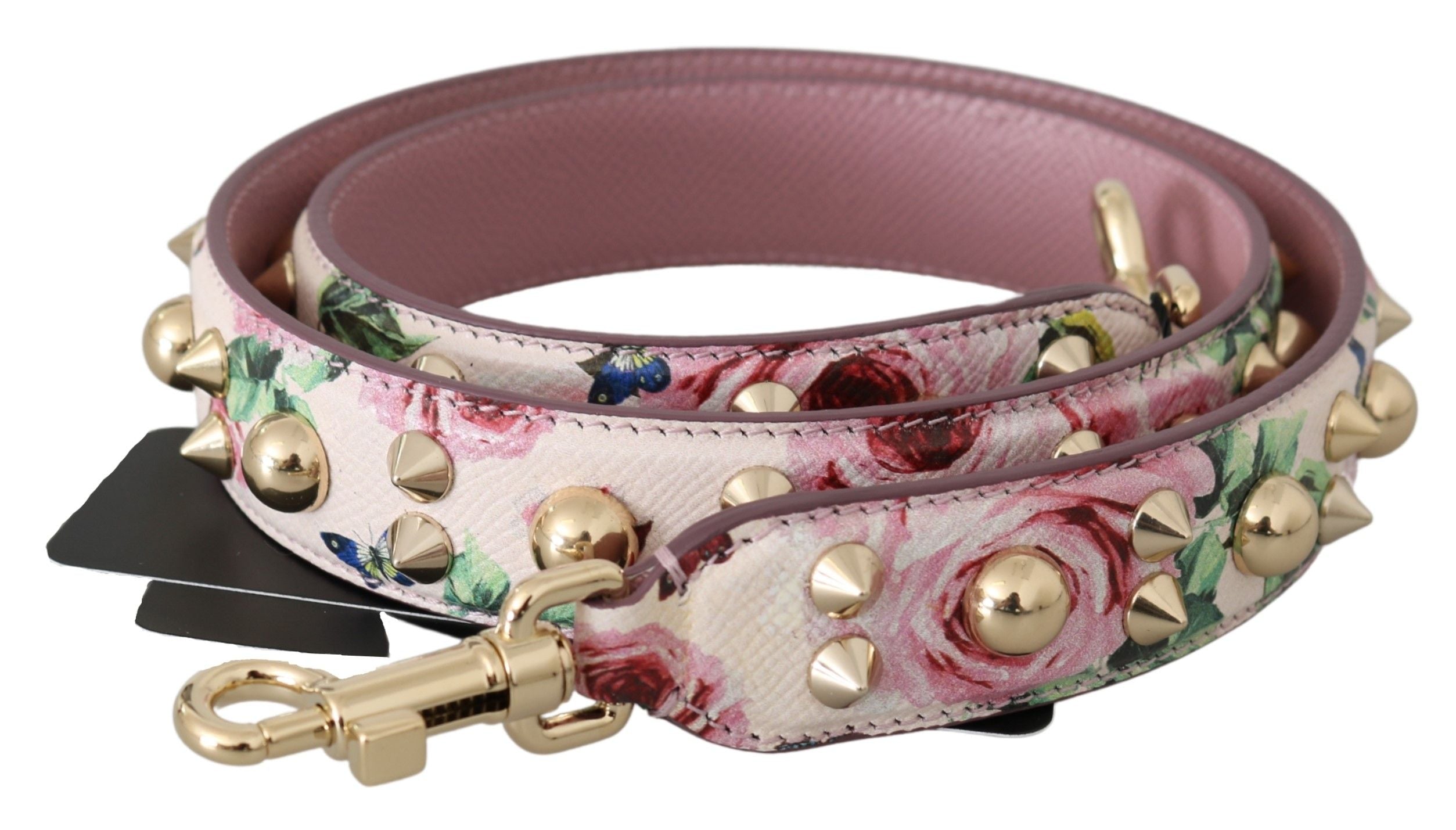 Pink floral leather shoulder strap with stud accents, designed by Dolce & Gabbana, featuring vibrant floral patterns and adjustable length.