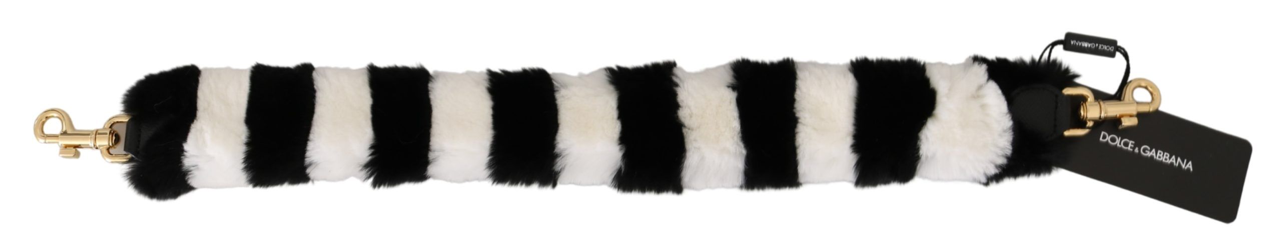 Black and white lapin fur shoulder strap by Dolce & Gabbana with elegant, plush fur detailing and adjustable length.