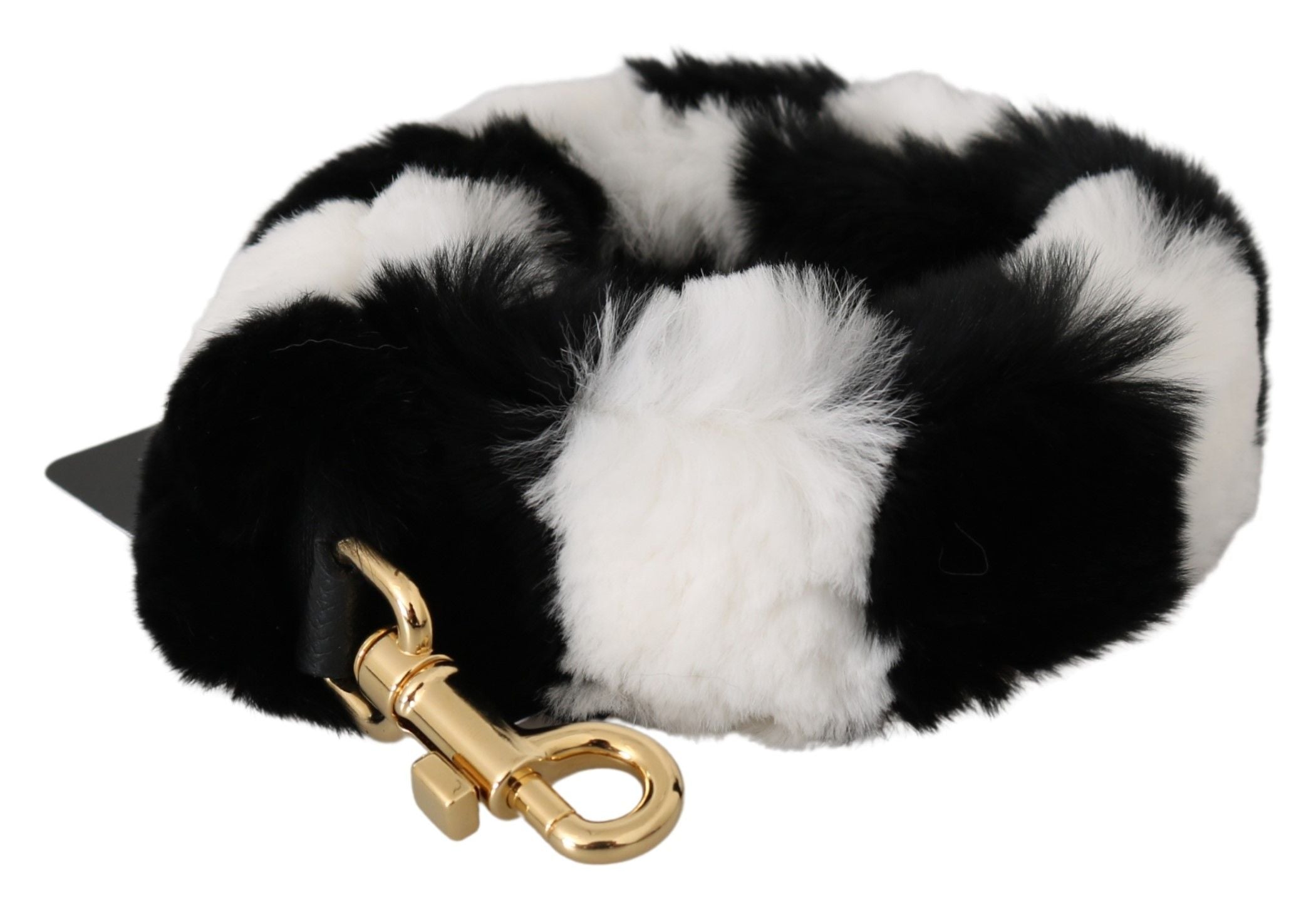Black and white lapin fur shoulder strap by Dolce & Gabbana, featuring soft plush texture and adjustable length for accessories.