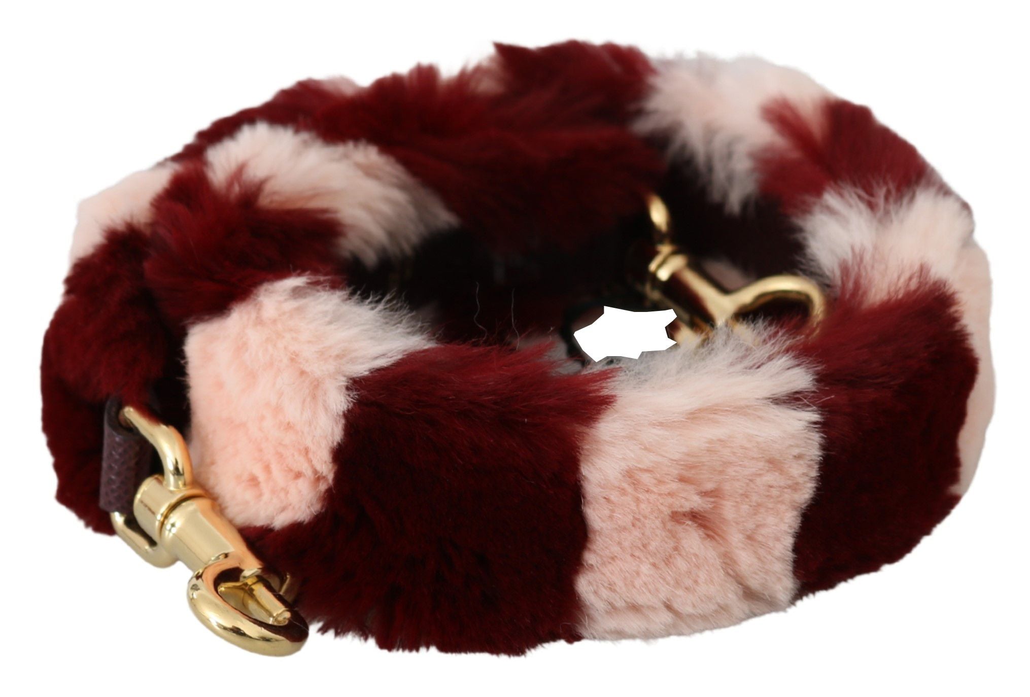 Pink and red lapin fur shoulder strap with Dolce & Gabbana branding, featuring soft, plush texture and decorative design.