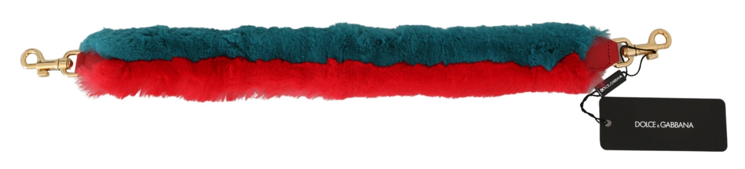 Red and blue rabbit fur leather shoulder strap with Dolce & Gabbana branding, featuring plush fur and sleek leather details.