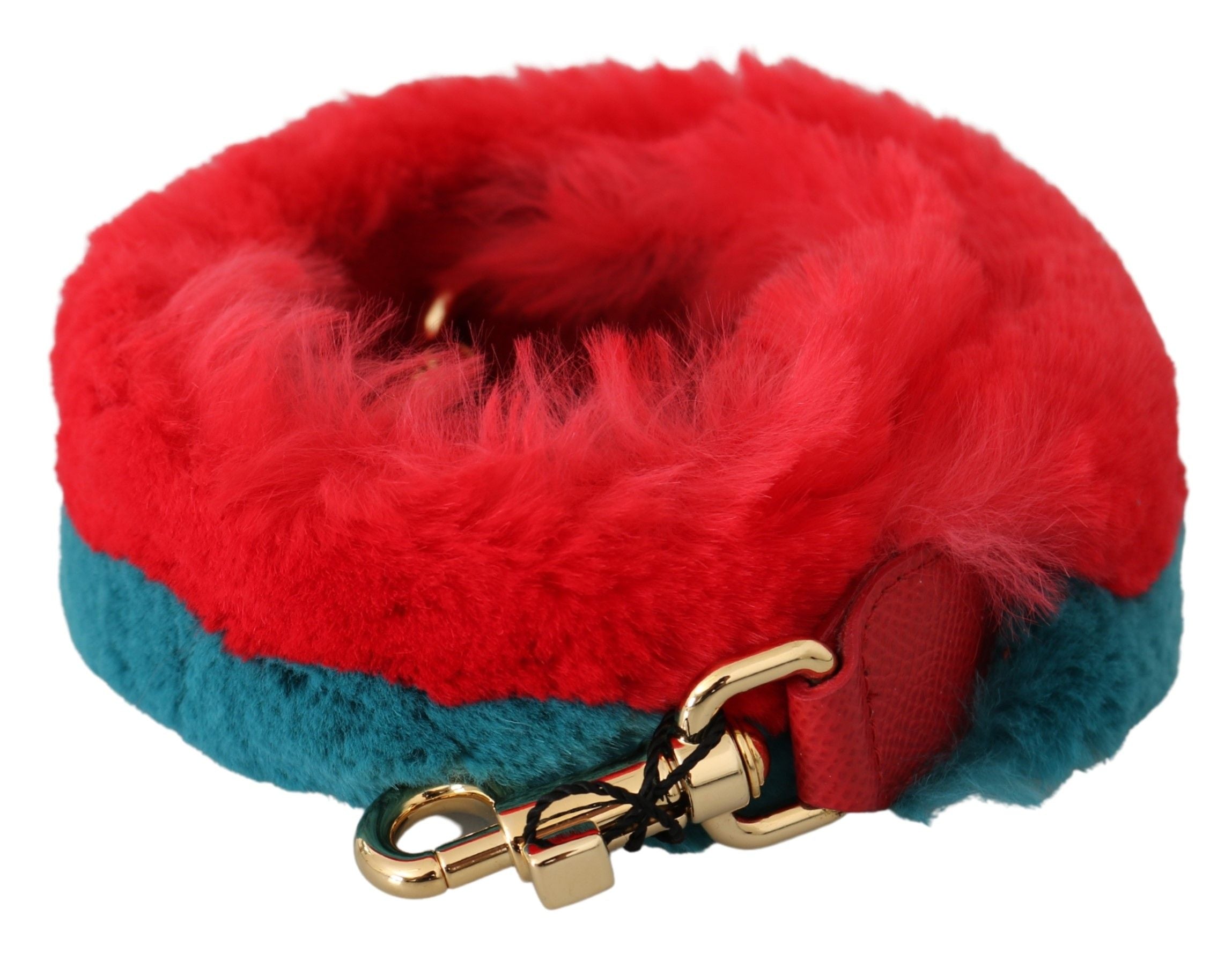 Red and blue rabbit fur leather shoulder strap by Dolce & Gabbana, featuring plush fur accents and durable leather construction.