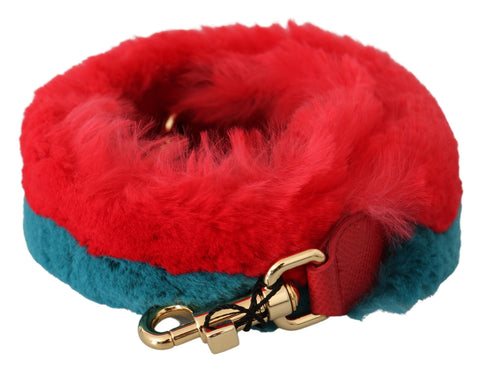 Red and blue rabbit fur leather shoulder strap by Dolce & Gabbana, featuring plush fur accents and durable leather construction.