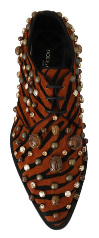 Orange pony hair crystal dress brogue shoes by Dolce & Gabbana with intricate crystal embellishments and classic brogue detailing.