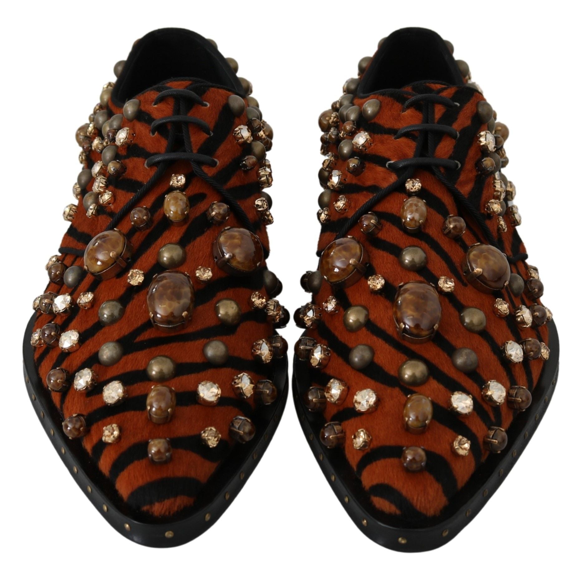 Orange pony hair crystal dress brogue shoes by Dolce & Gabbana with detailed crystal embellishments and classic brogue design.