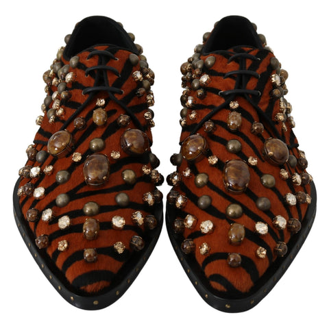 Orange pony hair crystal dress brogue shoes by Dolce & Gabbana with detailed crystal embellishments and classic brogue design.