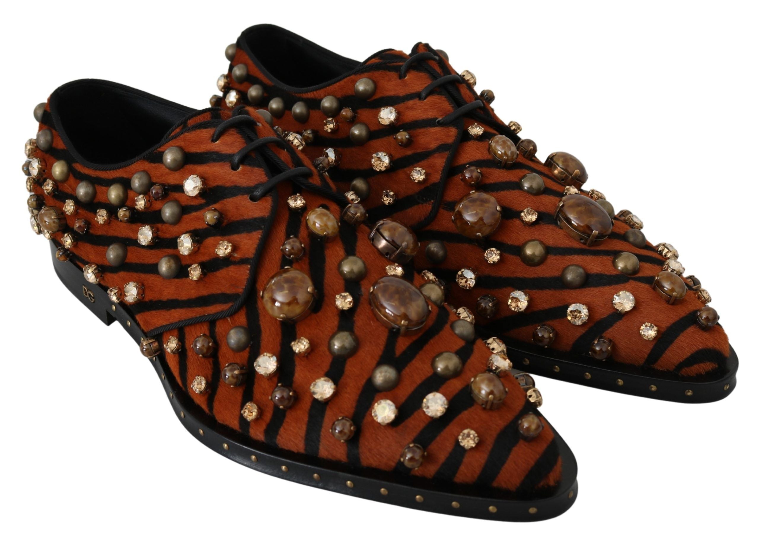 Orange pony hair crystal dress brogue shoes by Dolce & Gabbana with detailed crystal embellishments and classic brogue design.