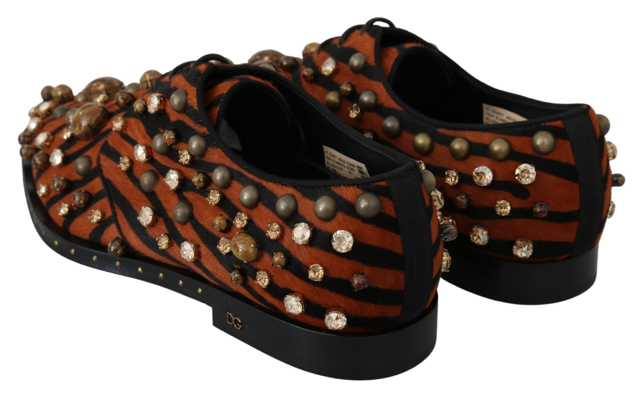 Orange pony hair crystal dress brogue shoes by Dolce & Gabbana with intricate crystal embellishments and classic brogue detailing.