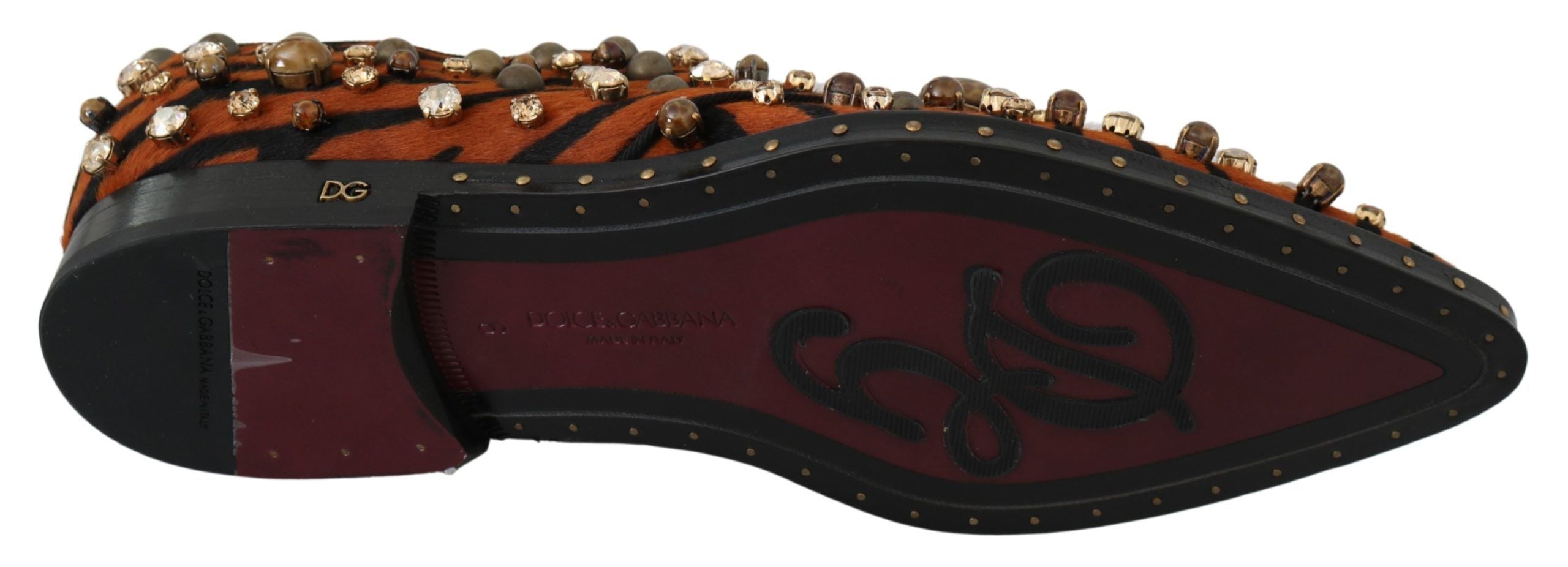 Orange pony hair crystal dress brogue shoes by Dolce & Gabbana, featuring detailed crystal embellishments and classic brogue design.