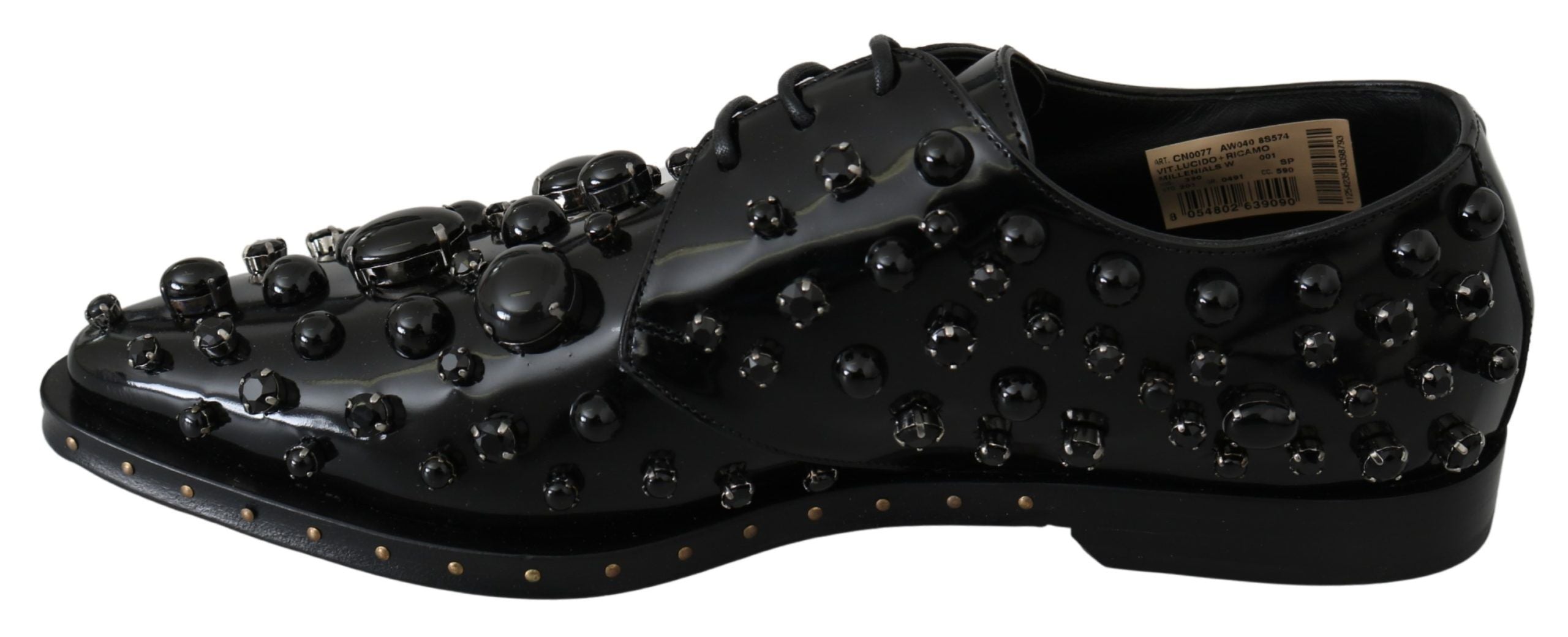 Dolce & Gabbana black leather brogue shoes with crystal embellishments, stylish dress shoes for formal occasions.