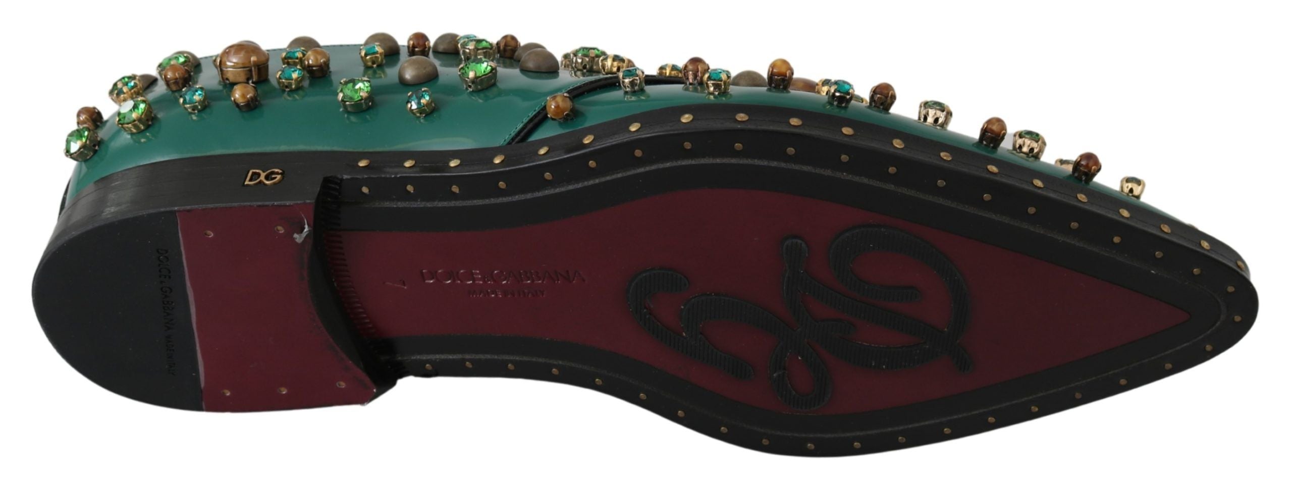 Green leather crystal dress brogue shoes by Dolce & Gabbana with decorative crystal accents on the toe and classic brogue detailing.