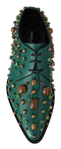 Green leather crystal dress brogue shoes by Dolce & Gabbana with decorative crystal embellishments and classic brogue detailing.