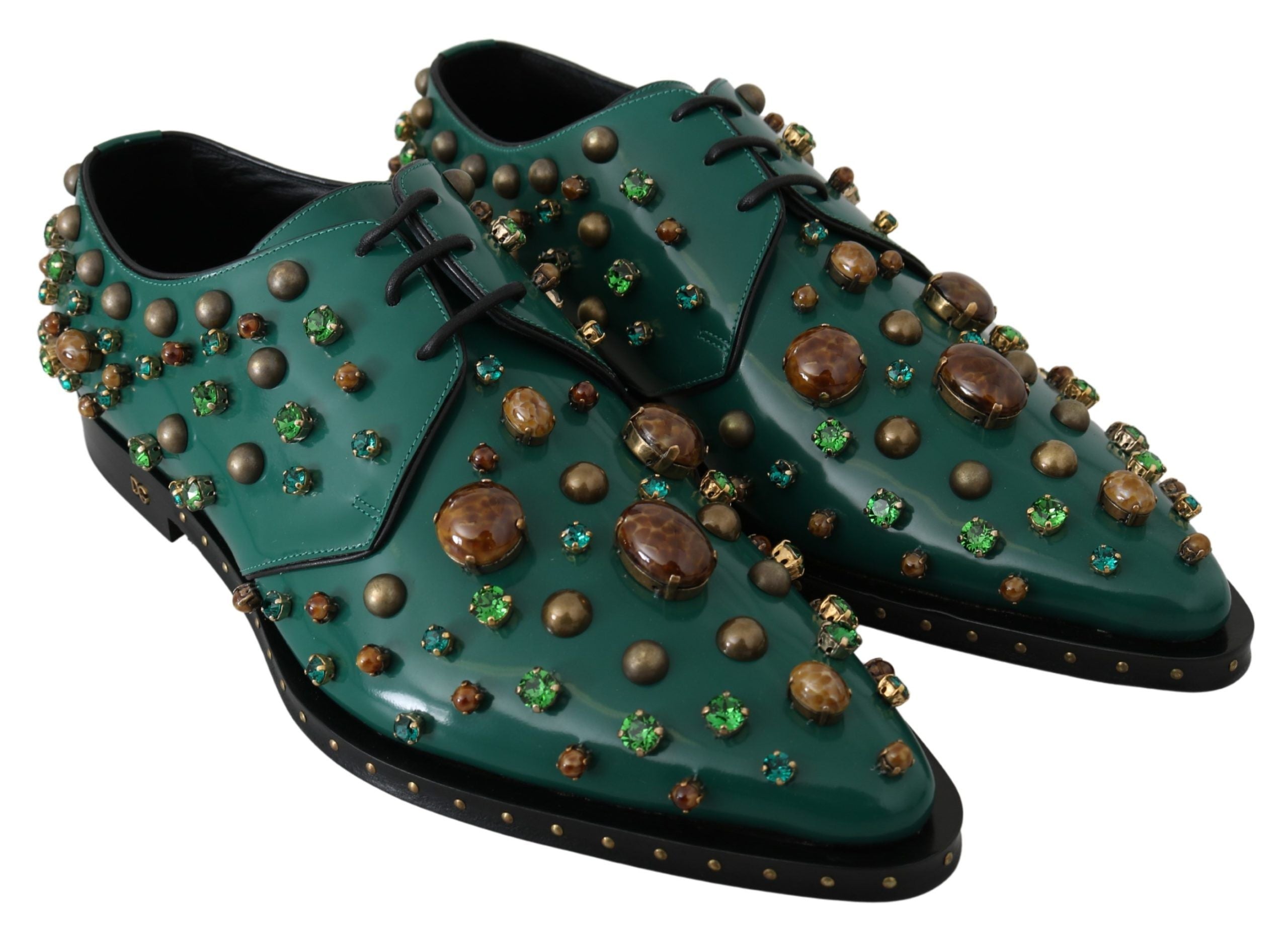 Green leather crystal dress brogue shoes by Dolce & Gabbana with detailed crystal embellishments and classic brogue design.