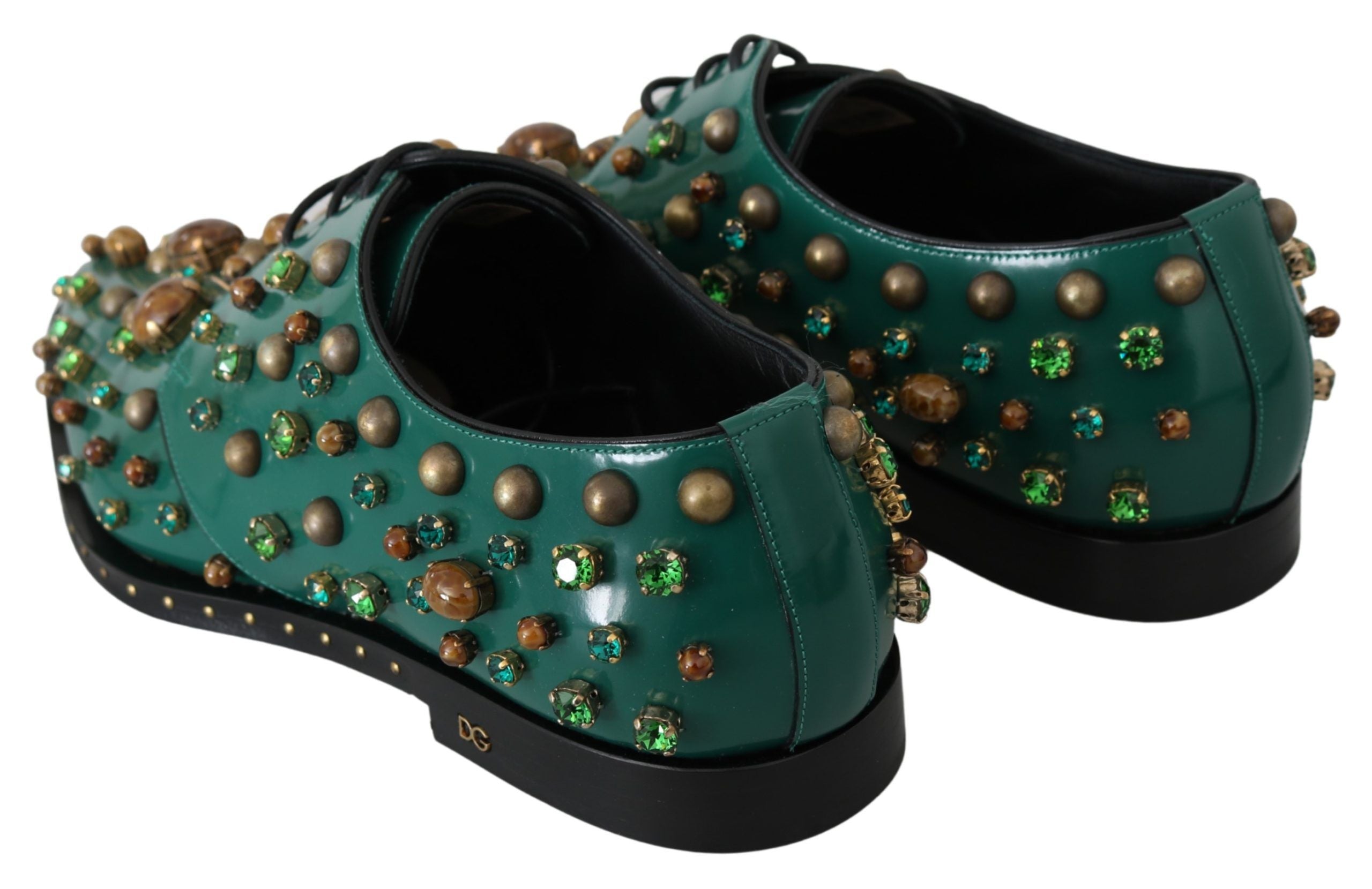Green leather crystal dress brogue shoes by Dolce & Gabbana featuring intricate crystal details and classic brogue design.